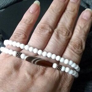 Dainty Slim-Line Wrap Bracelet for 7" Wrist - Brown Banded Agate + Ceramic Beads